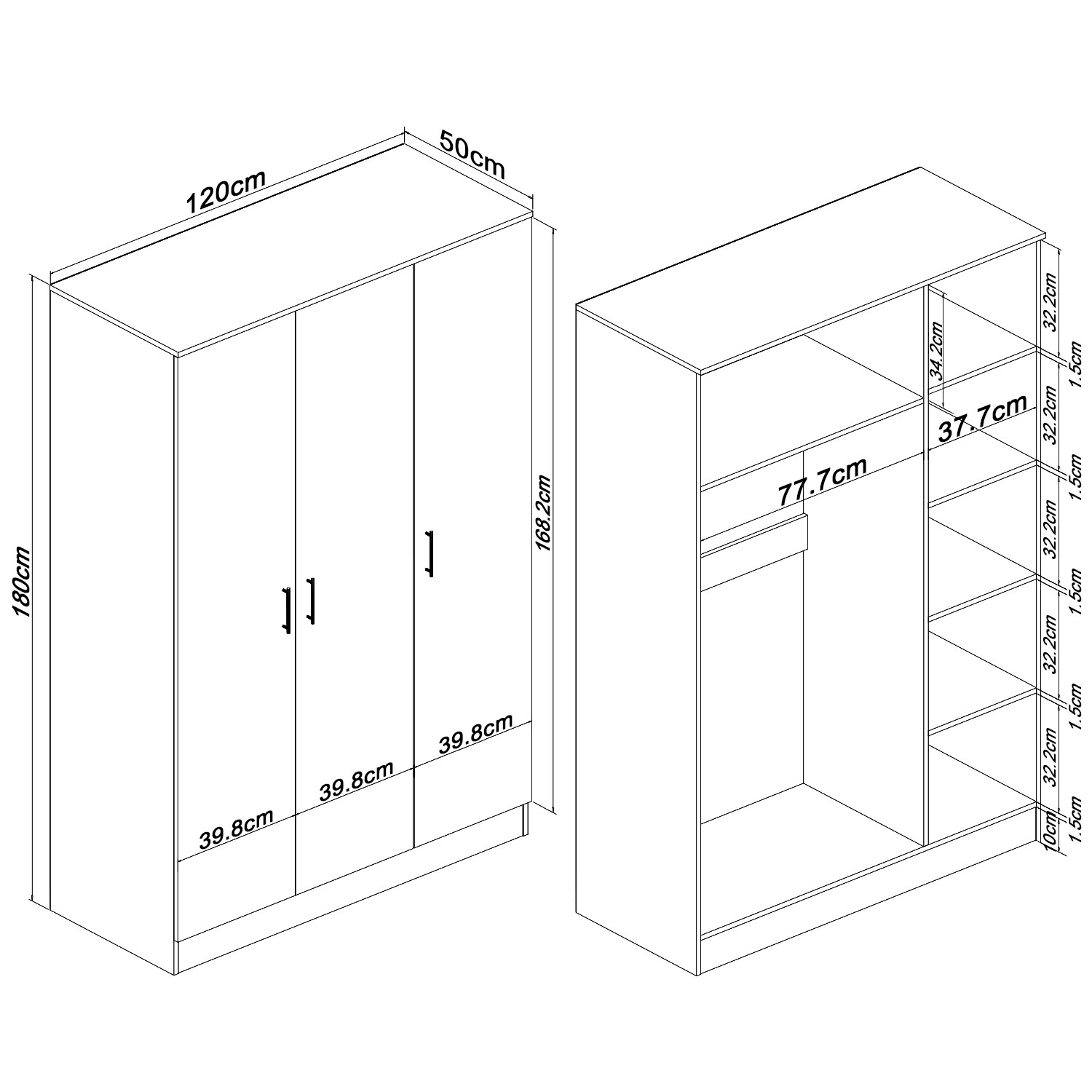 3 Door Triple Wardrobe White Gloss with Hanging Rail & Shelves Bedroom
