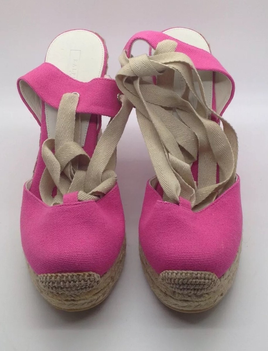 RALPH LAUREN Collection Bright Pink Espadrilles Raffia Heels Ankle