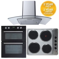 Sia Double Fan Electric Oven, 4 Zone Electric Hob & Curved Glass Cooker Hood Sia Double Fan Electric Oven, 4 Zone Electric Hob & Curved Glass Cooker Hood