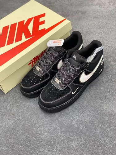 Nike Air Force 1 Low Black Leather White Purple Outline Swoosh Casual Sneakers U