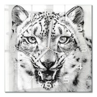 Stilvolle Glas-Wanduhr Glasuhr Aus Glas Schneeleopard WeißE Zeiger 30X30 Cm
