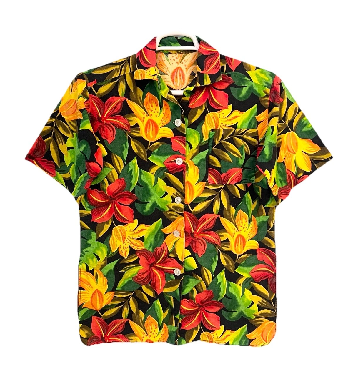Vintage Hawaiian Floral Aloha Shirt Black Red Yellow Tropical Camp Collar M