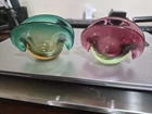 Vintage Murano Art Glass Clam Shell Set(2) Mini Sommerso MCM Purple Amber Green