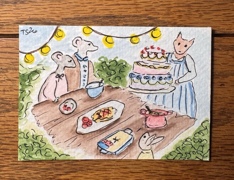 ACEO Original, Animal Party, Watercolor Painting, 2.5x3.5