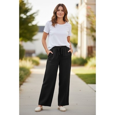 Market & Spruce Black Linen Blend Pull On Pants Women's Large Wide Leg Casual