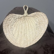 Vintage Straw Palm Leaf Wicker Rattan Hand Fan Heart Shape Boho Woven