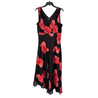 Dressbarn Collection Dress 16 Black Red Floral Asymmetrical Burnout Witchy Goth