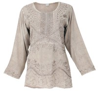 Bestickte Indische Hippie Langarm Tunika, Boho-Chic Bluse - Beige