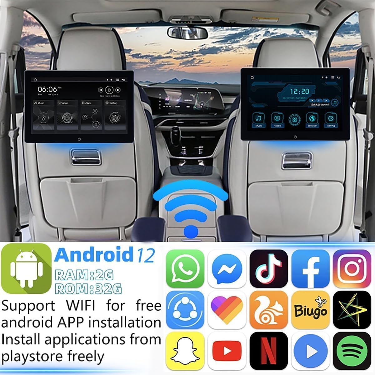 4K Android 12 Car Headrest Monitor TV with WiFi 10.1" Touch Bluetooth 2G + 32GB