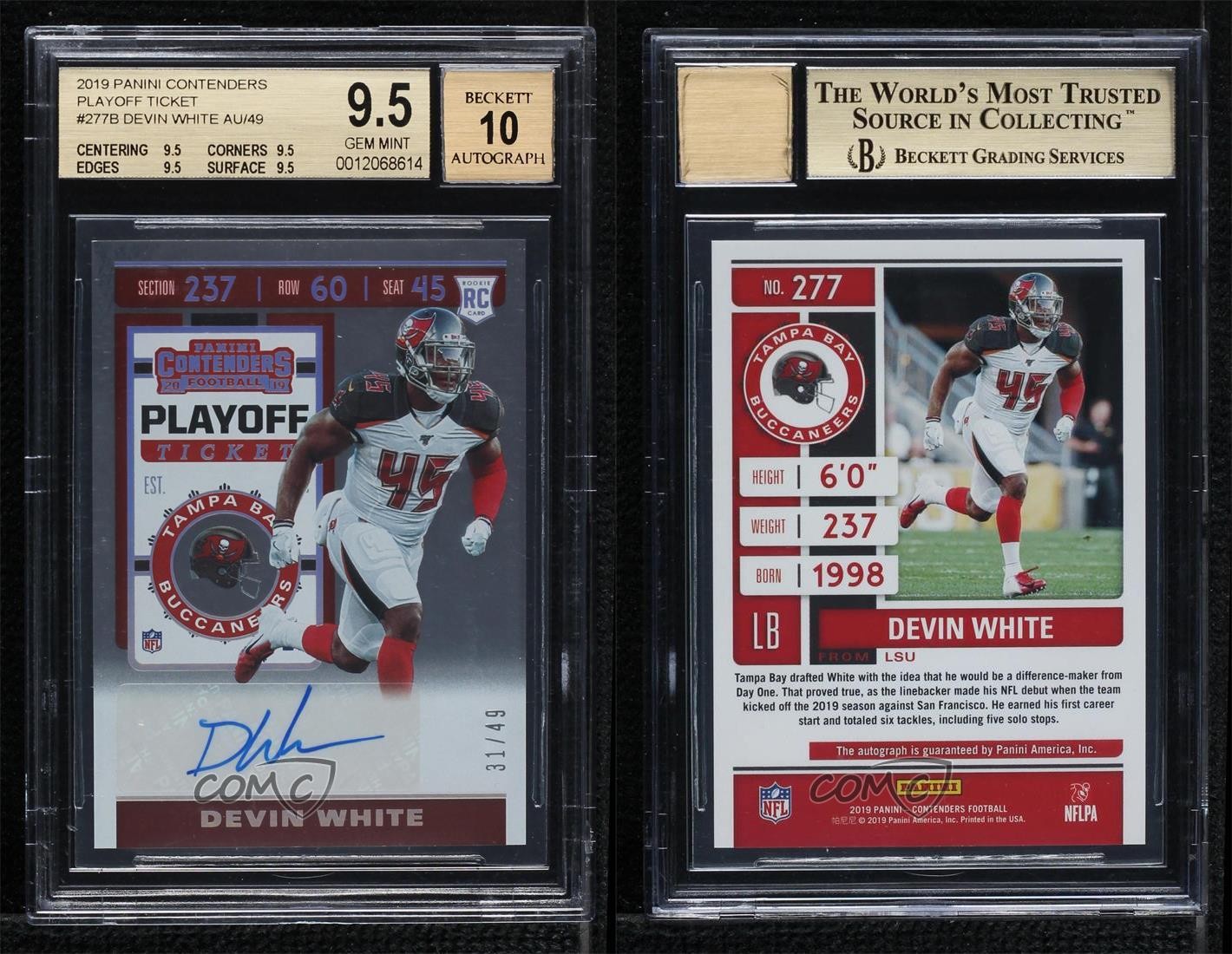 2019 Contenders Playoff Ticket 31/49 Devin White BGS 9.5 Rookie Auto RC 13c1