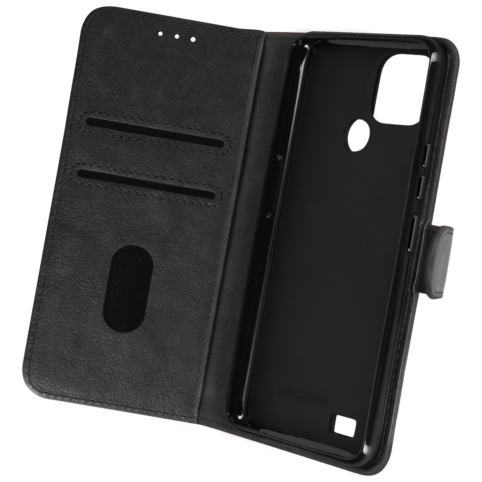 Étui C21 portefeuille à clapet noir en cuir avec support vidéo intégré