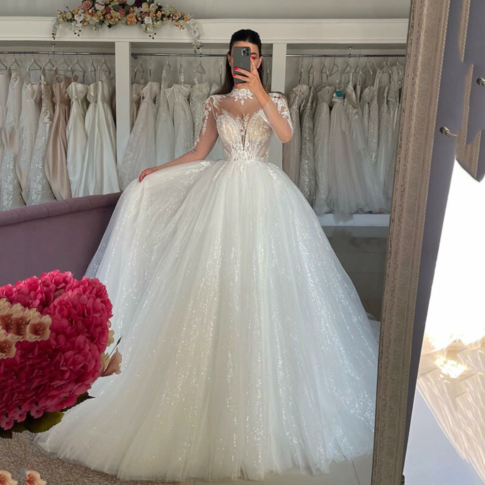 Elegant Wedding Dresses High Neck Lace Applique A-line Glitter Lace Bridal Gowns Elegant Wedding Dresses High Neck Lace Applique A-line Glitter Lace Bridal Gowns