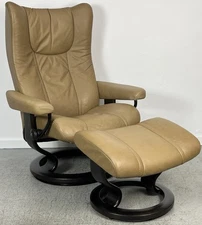 Ekornes Stressless Large Stone Leather Swivel Recliner & Ottoman Wing Model