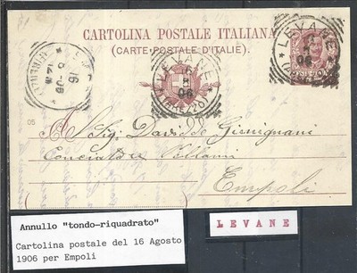 1906 10C ENTIRE POSTCARD FROM LEVANE AREZZO X EMPOLI