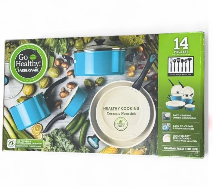 Farberware GO HEALTHY 14-Piece Ceramic Nonstick *AQUA TEAL* Set Dishwasher Safe