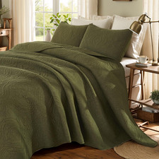 Brandream Vintage Damask Quilted Cotton Coverlet Set Queen Size Olive Green