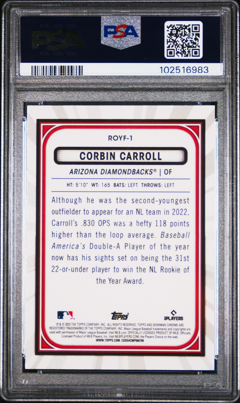 2023 BOWMAN ROOKIE OF THE YEAR FAVORITES #ROYF1 CORBIN CARROLL RC PSA 10 view 2