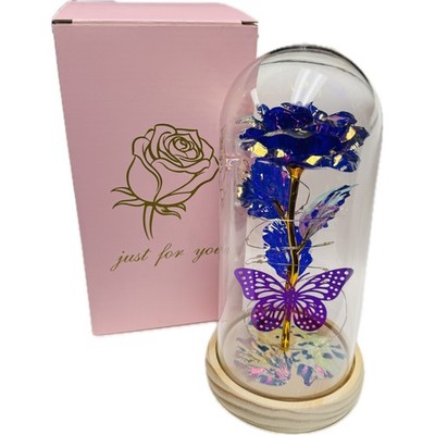 Qunpon LED Blue Rose Gold Foil Glass Dome Light Up Flower Just For You Gift NEW