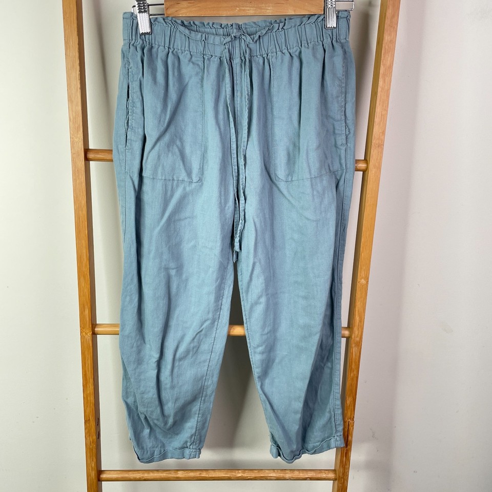 &me Harem Pants Womens 8 Dusty Blue Linen Viscose Elastic Ankle Cuff Vacation