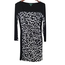Lauren Ralph Lauren Dress Womens 12 Black White Sheath Long Sleeve Lined