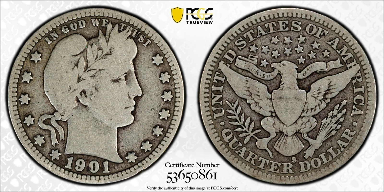 1901 S Quarter Dollars Barber or Liberty Head PCGS VG-8