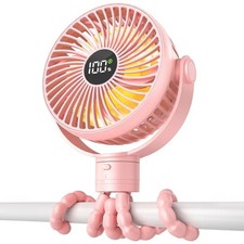 Coohea Portable Stroller Fan, 25H Long-lasting, 4 Speed, Night Light, Pink