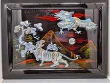 Vietnamese Black Lacquer Mother Of Pearl Inlay Tiger Eagle Landscape Wall Art