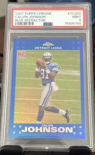 Calvin Johnson 2007 Topps Chrome Rookie RC Blue Refractor Team Color PSA 9 #200