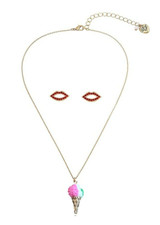 BETSEY JOHNSON GOLD TONE 3 PC SET PINK CRYSTALS LIPS EARRINGS ICE CREAM NECKLACE