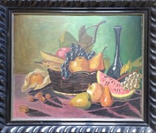 :::NATURA MORTA IN CESTO CON FRUTTA E VASO FRUTTA AUTUNNALE DIPINTO OLIO MASONIT