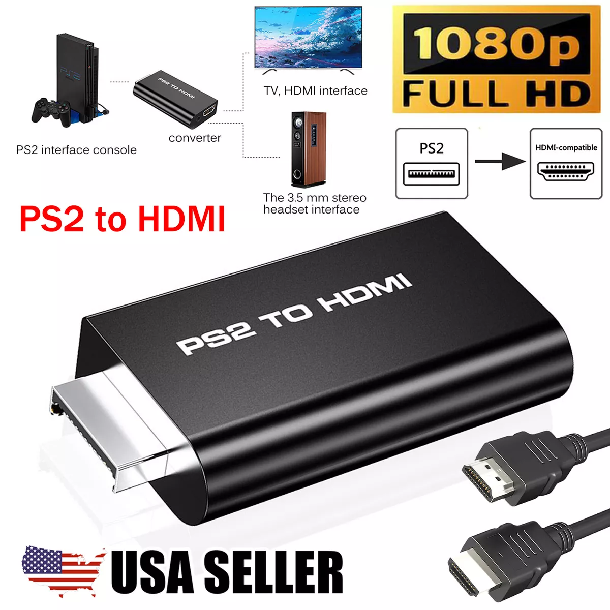 PS2 to HDMI 1080P Video Converter Adapter with 3.5mm Audio Output HDTV  Monitor