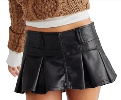 NEW FREE PEOPLE BLACK VEGAN FAUX LEATHER PLEATED MICRO MINI SKORT