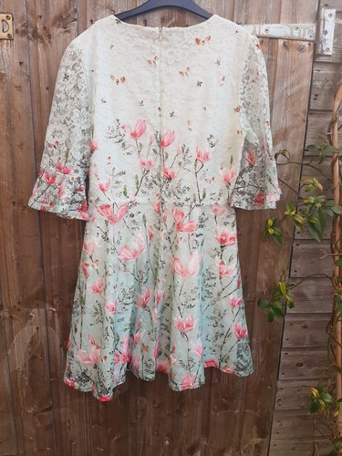 NWT Oasis Mint Pink Magnolia Floral Lace Butterflies Skater Dress L 14 £60 - Picture 8 of 9