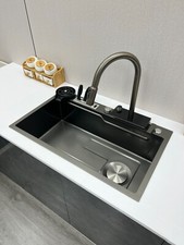 Nano Black Kitchen Sink w Digital Flying Rain waterfall Faucet Set 29.5 INCH