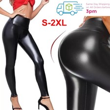 Women Stretchy Faux Leather Leggings Casual PU Pants High Waist Curvy Trousers