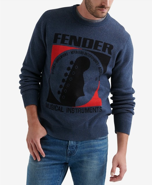 199 Lucky Brand Men's Blue LongSleeve Fender Graphic Pullover Sweater