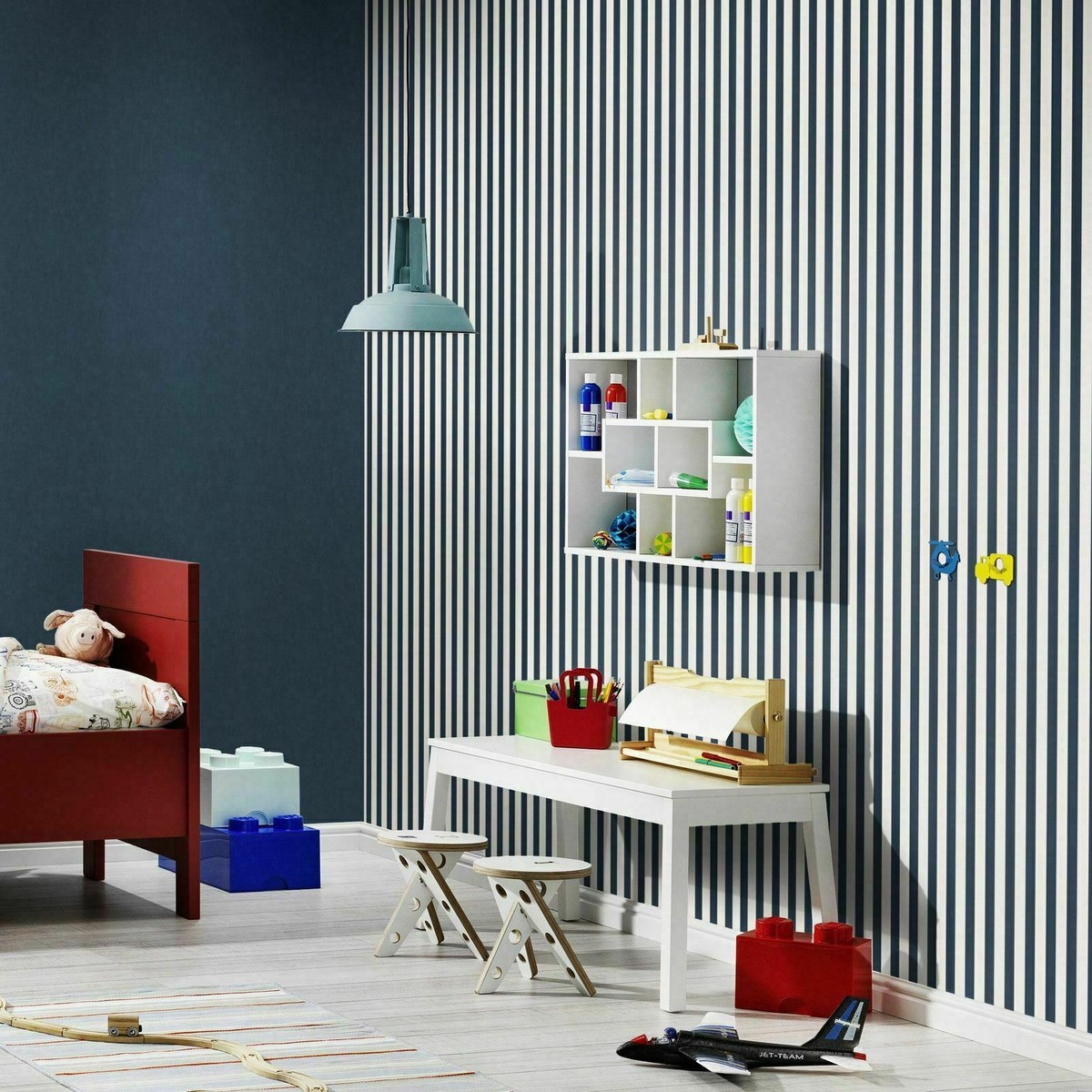 Rasch Navy Blue White Narrow Stripe Childrens Kids Bedroom
