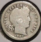 Silver Dime - Barber - 1907-O (Obverse scratch at center)