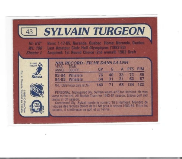 1985-86 O-Pee-Chee #43 Sylvain Turgeon NMMT - Image 2 of 2