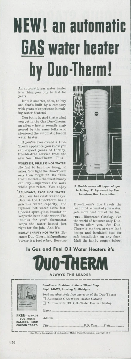 1948 Duo Therm Gas Water Heater Workless Dirtless Fast Hot Vintage Print Ad  AH1 | eBay