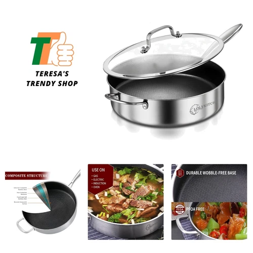 6 QT Hybrid Tri-Ply Stainless Steel Non-Stick Sauté Pan with Lid,12 Inch Deep...