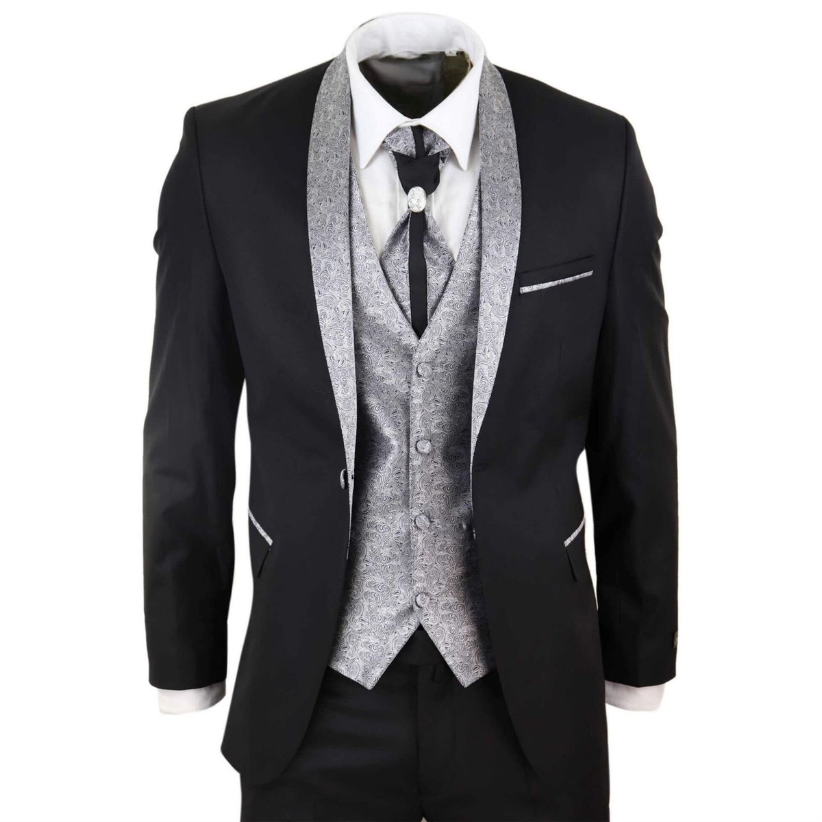 アンティーク　
チャーチチェア Mens 4 Piece Wedding Suit Groom Shawl Collar Vintage Black Silver