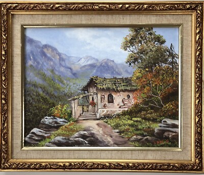 Original Oil on Canvas Lois Smith Cabin in Mountains Landscape Framed 18x15''