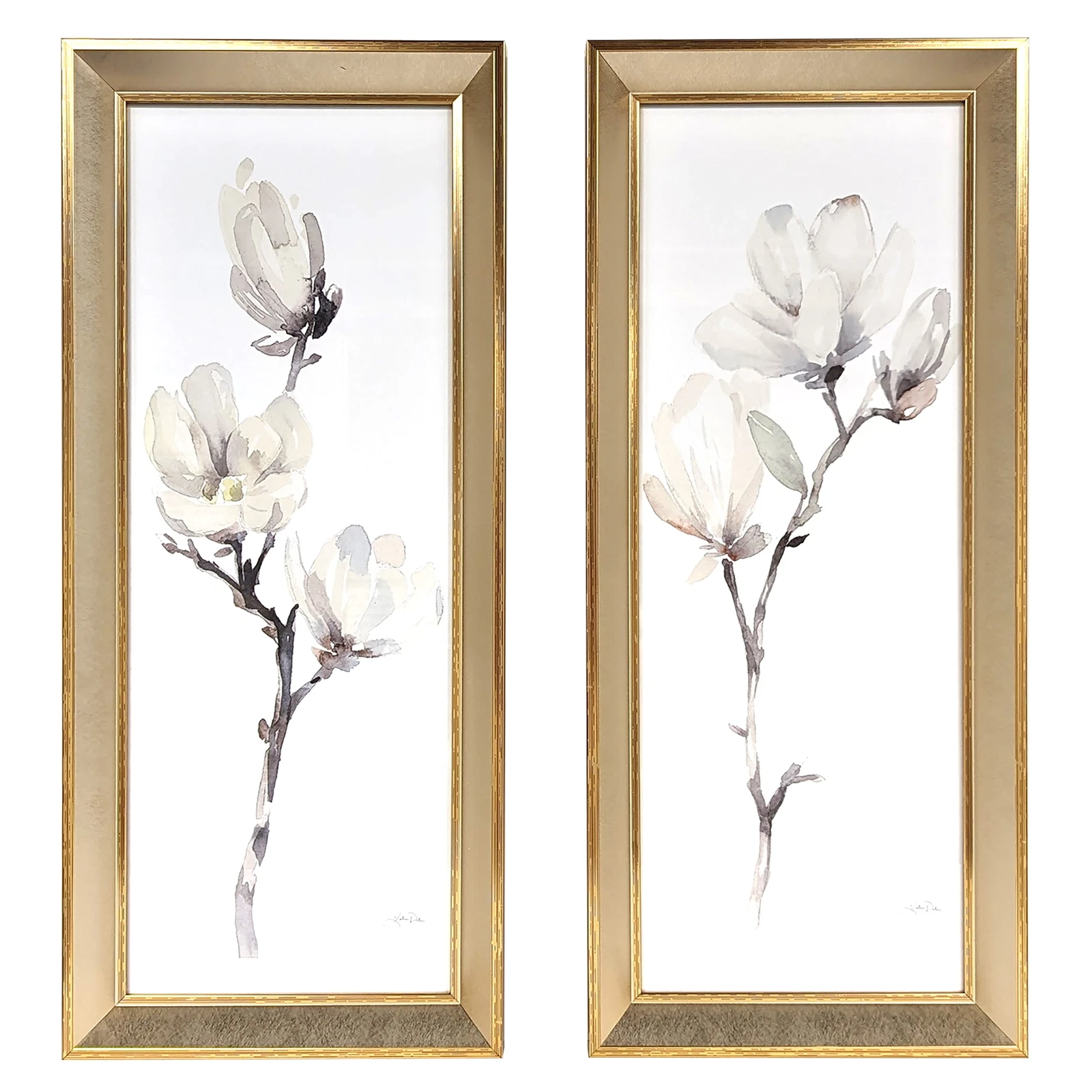 9 inch x 24 inch Magnolia Glass Framed Wall Art   2 PC Set Wall Décor in White
