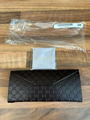 GUCCI GLASSES CASE WITH CLOTH. DARK BROWN, ENVELOPE/PURSE STYLE. NEW.