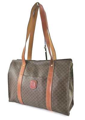 Echte CELINE braune Macadam PVC Canvas und Leder Beuteltasche Tasche Handtasc...