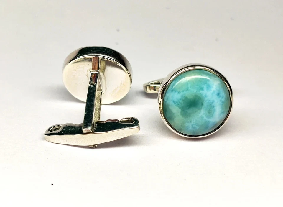 Gemelos naturales de plata de ley 925 con piedras preciosas Larimar para regalo especial para hombre Foto 2 de 4