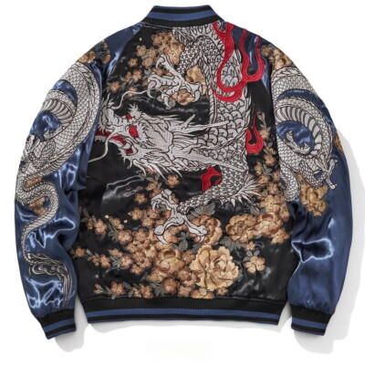 Men Souvenir Jacket Japanese Pattern Embroidery Dragon Sukajan