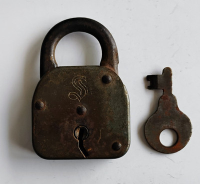 Vintage Metal Padlock Engraved 'S' with Odd Shape Key Made in USA
