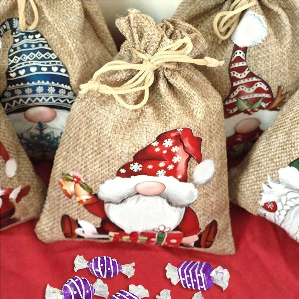 12 Piezas Bolsas de Regalo de Arpillera de Lino de Navidad Yute Cordón Caramelo Golosinas Favores de Fiesta Foto 4 de 4